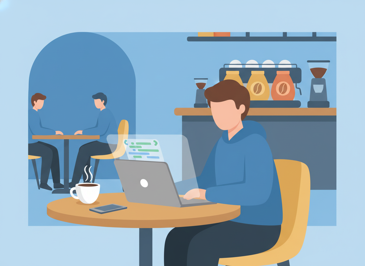 Flat illustration style — a developer at a laptop in a coffee shop