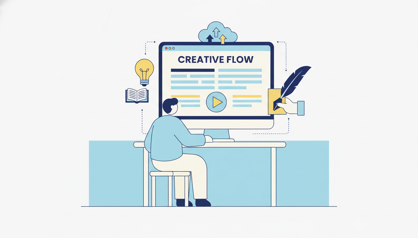 A writer at a desk with a blog post on screen, surrounded by generated illustrations